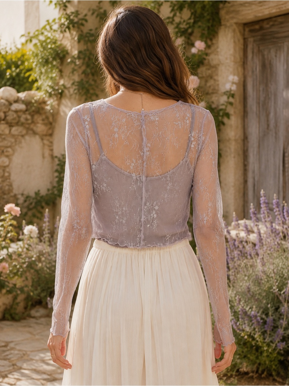 MIOU MUSE Lavender Floral Lace Mesh Top & Camisole Set Size M - Picture 5 of 11